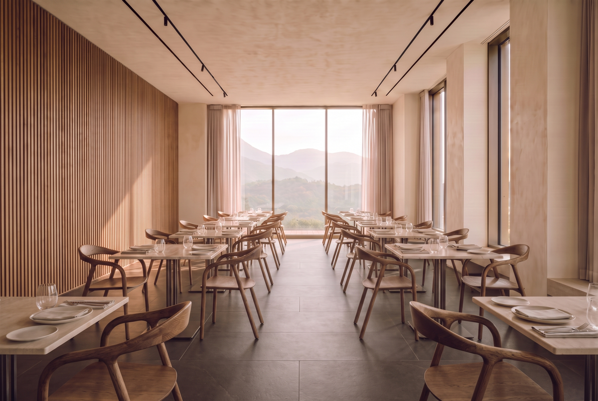 Ispra chairs in Terra oak at set tables in a hotel restaurant dining room, Ramo2