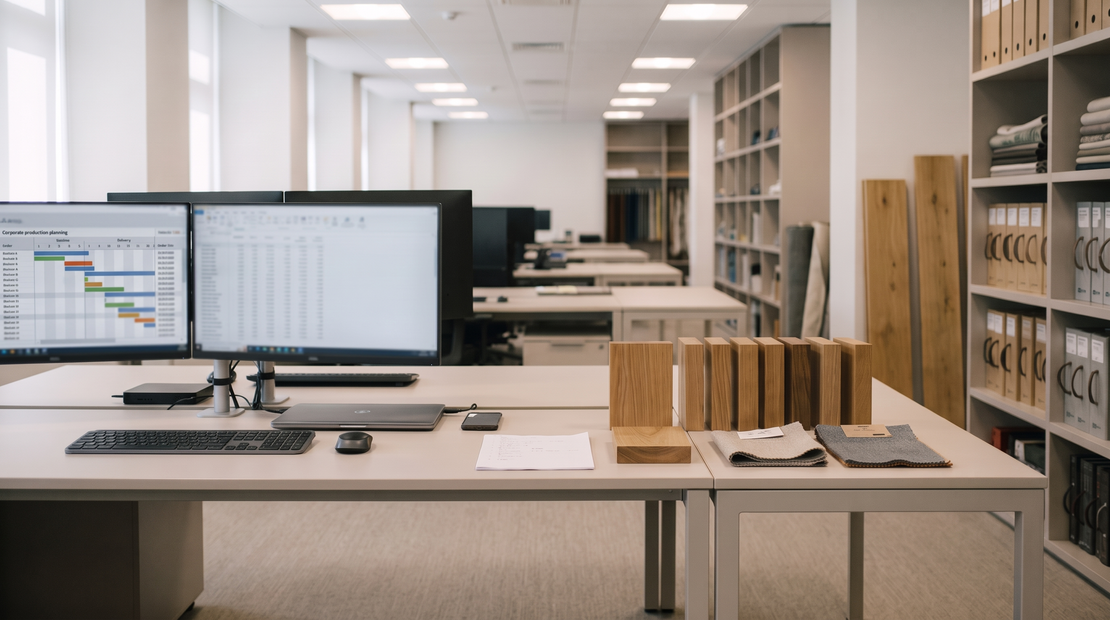 A workstation in the Ramo2 office with oak finish samples, fabric swatches and production planning on screen