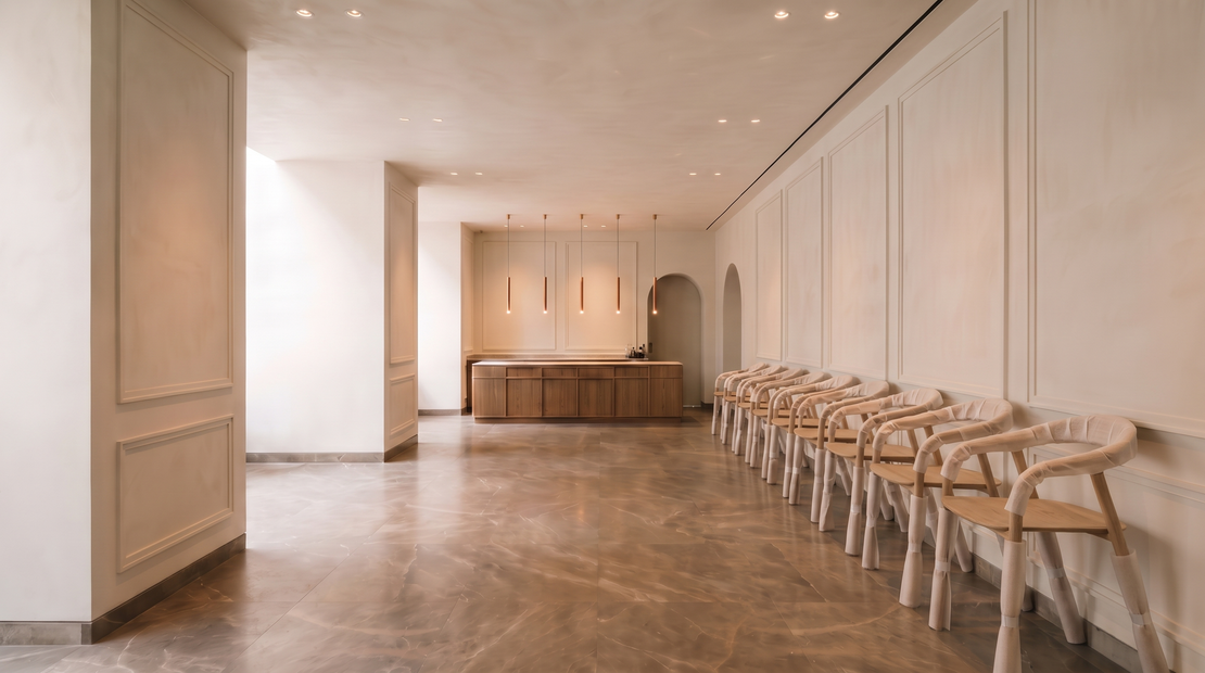 A row of identical Ispra chairs in Natural oak, still part-wrapped, waiting in a hotel restaurant being fitted out, Ramo2