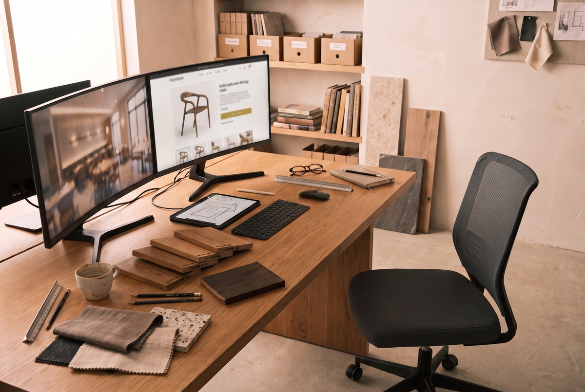 Oak finish samples and fabric swatches on the desk of an interior design studio, Ramo2