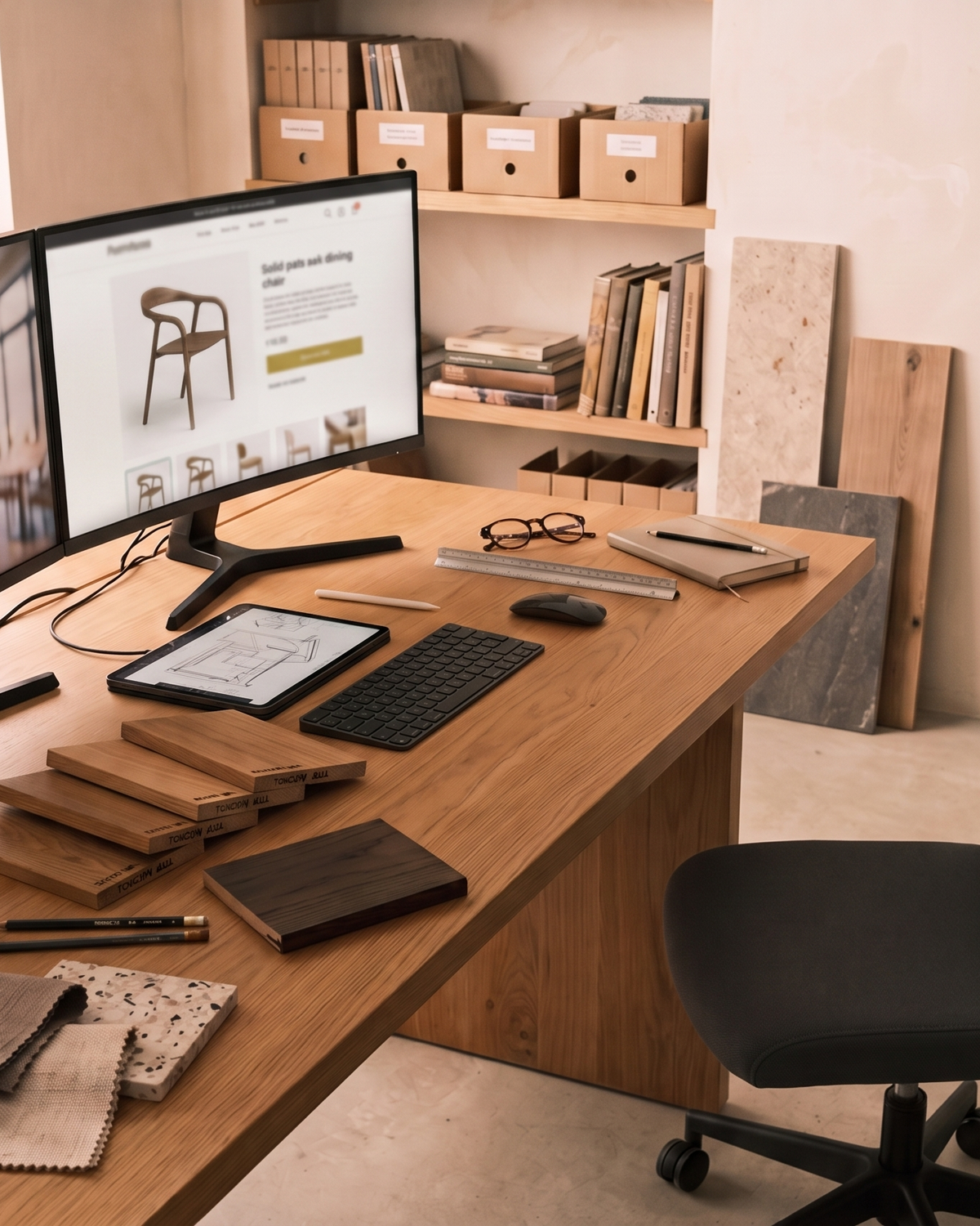 Oak finish samples and fabric swatches on the desk of an interior design studio, Ramo2