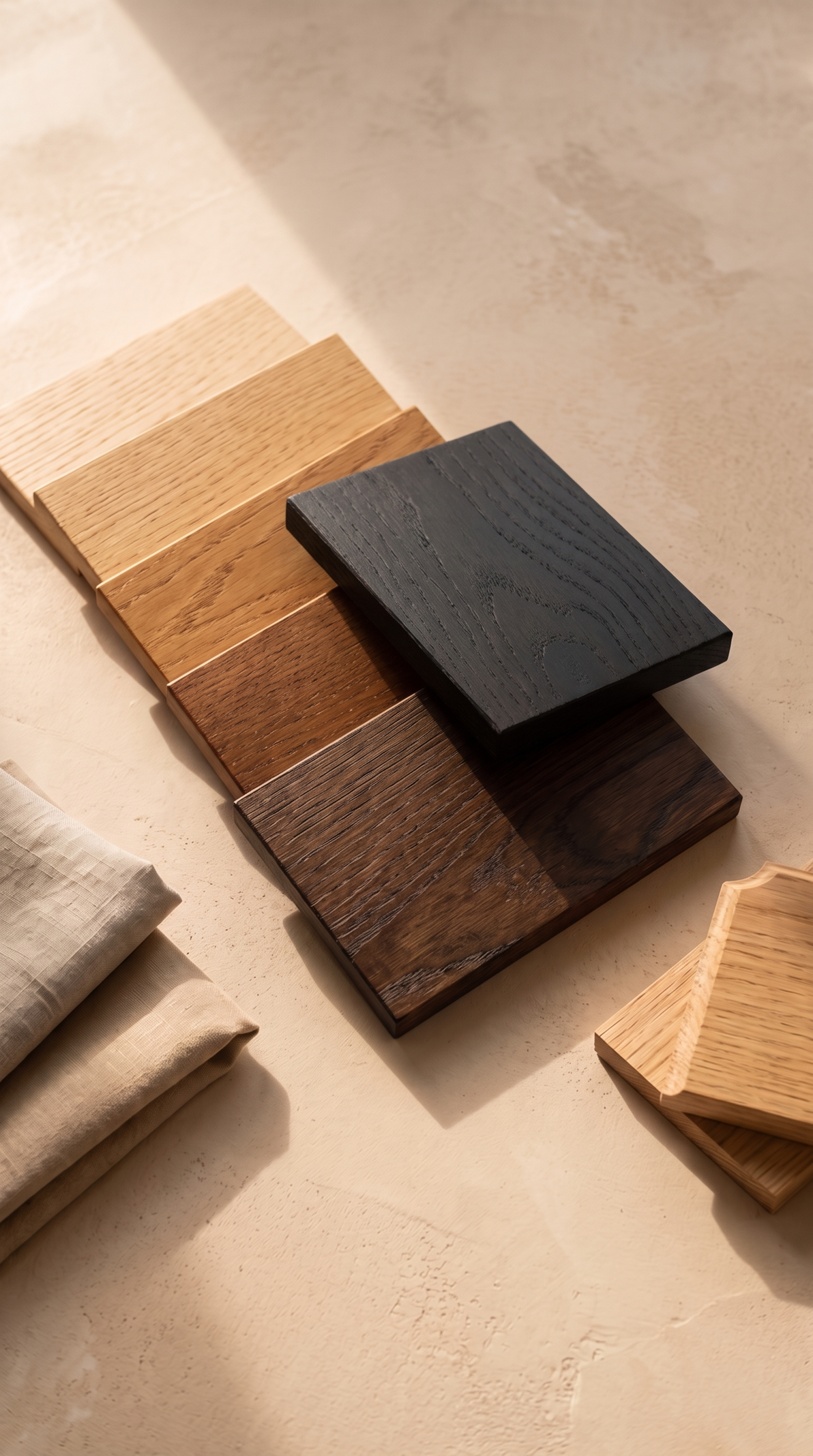 Solid oak finish samples and fabric swatches, Ramo2