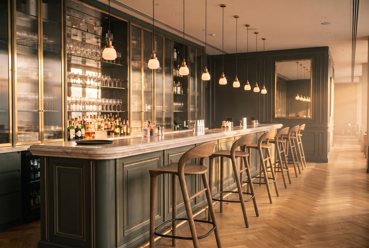 Baltera bar stools in Terra oak along the counter of a five-star hotel bar at sunset, Ramo2