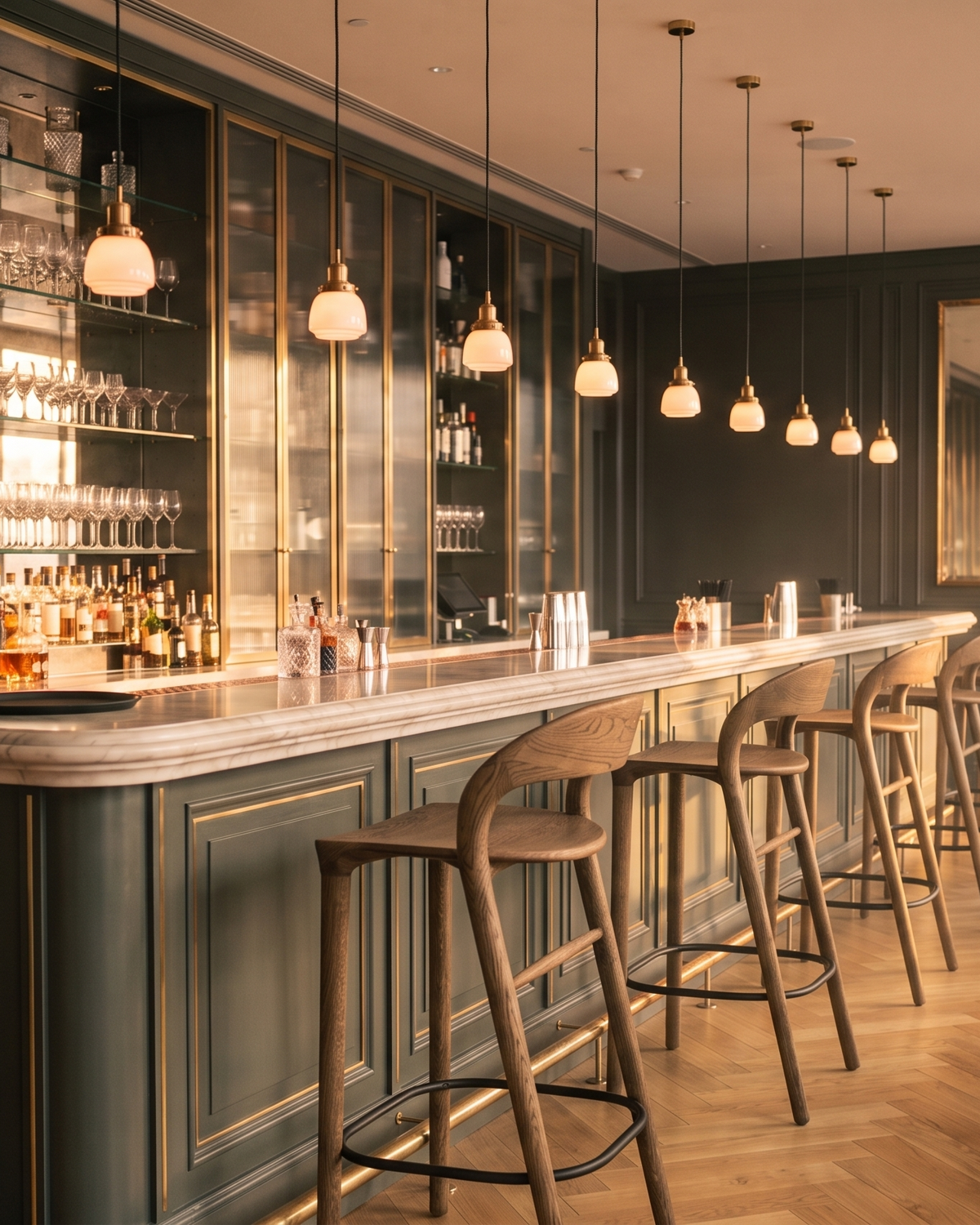 Baltera bar stools in Terra oak along the counter of a five-star hotel bar at sunset, Ramo2
