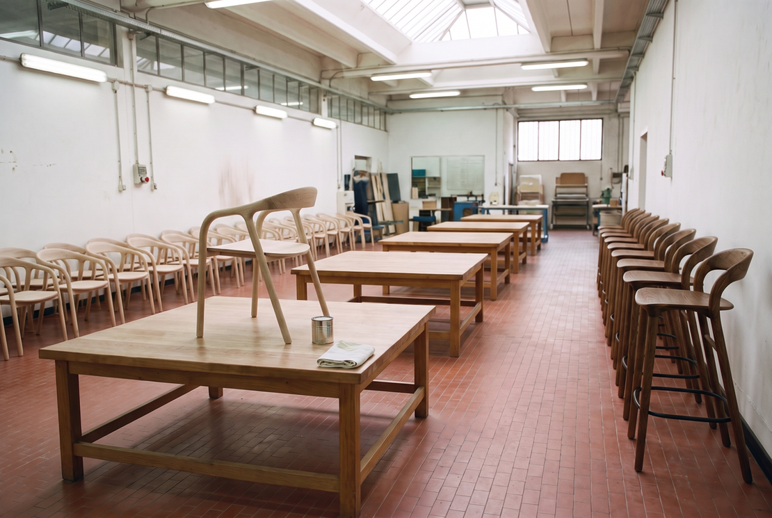 Ispra chairs in raw oak and Baltera stools in Rich oak in the finishing department of the Ramo2 factory in Italy