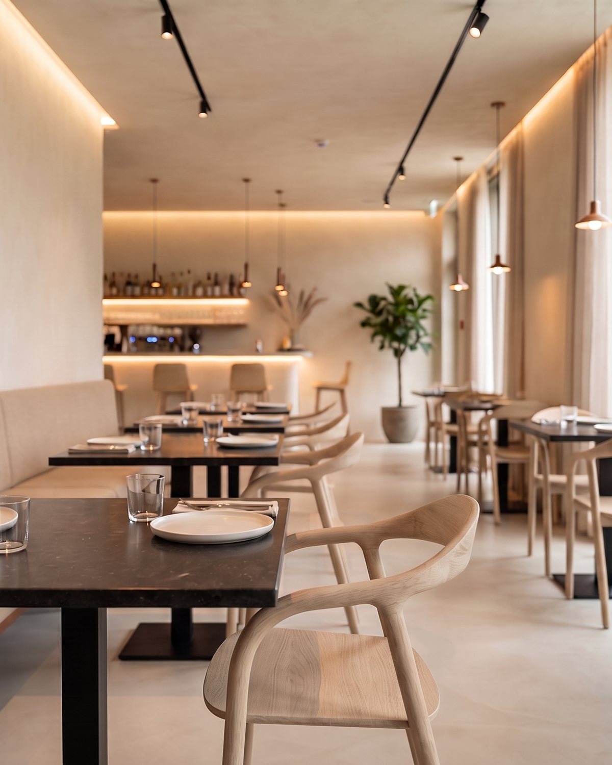 Ispra chair in Natural oak at a set table in a contemporary restaurant dining room, Ramo2