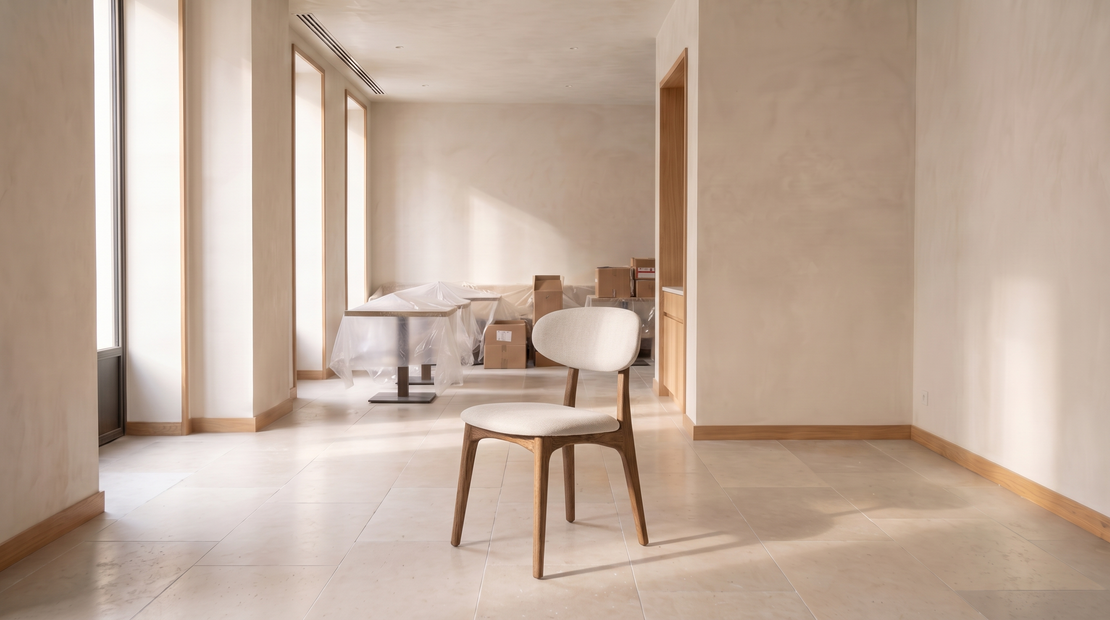 A single Caldè chair standing in a restaurant dining room at the end of its fit-out, Ramo2